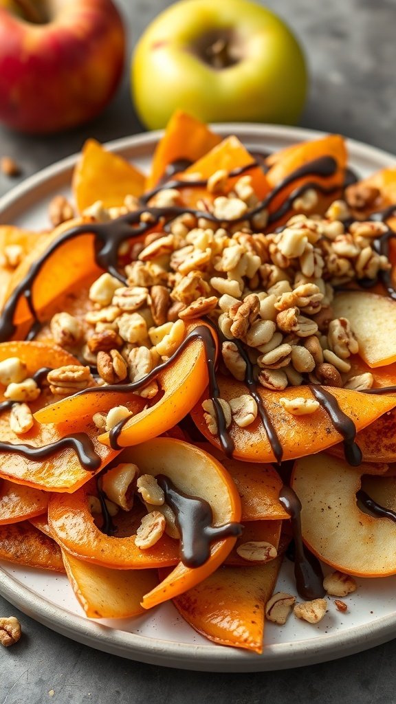 30 Delicious Fall Snack Ideas to Savor This Season A plate of caramel apple nachos topped with nuts and chocolate drizzle, surrounded by fresh apples.