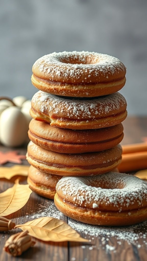 30 Delicious Fall Snack Ideas to Savor This Season A stack of spiced apple cider donuts dusted with powdered sugar, surrounded by fall leaves and cinnamon sticks.