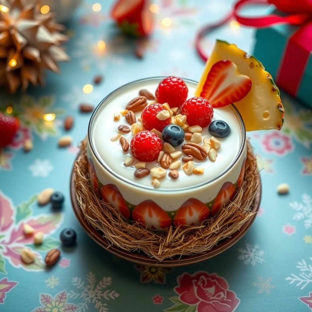 30 Delightful Dishes for the Perfect Christmas Brunch A vibrant pineapple coconut smoothie bowl topped with fresh berries and nuts, set against a festive background.
