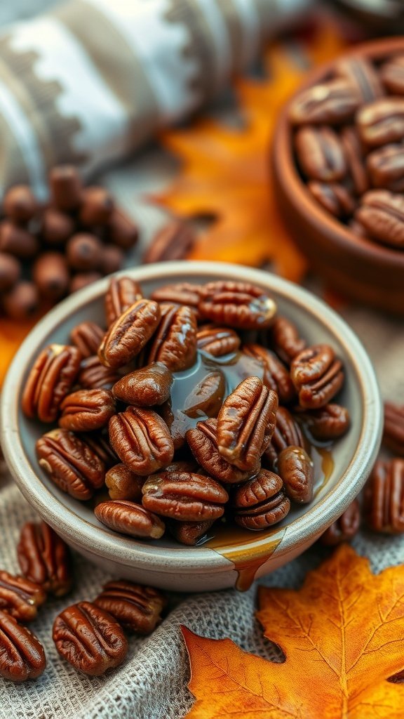 30 Delicious Fall Snack Ideas to Savor This Season A bowl of maple glazed pecans surrounded by autumn leaves and a cozy setting.