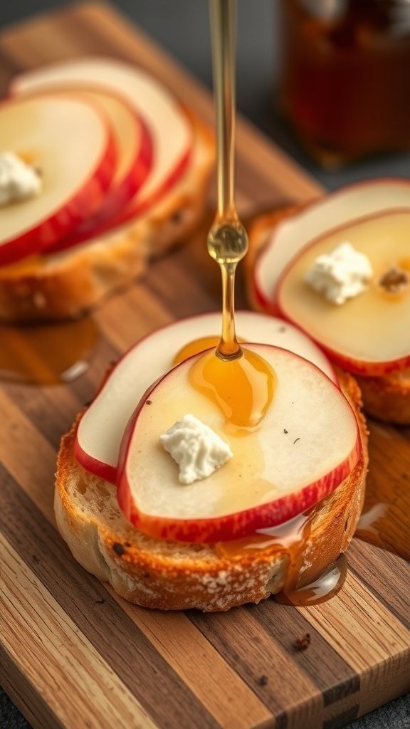 30 Delicious Fall Snack Ideas to Savor This Season Savory apple and cheese crostini with honey drizzle on a wooden board