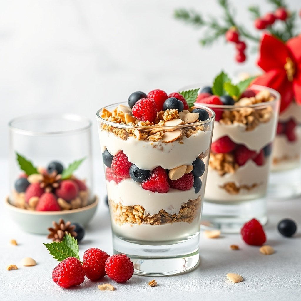 30 Delightful Dishes for the Perfect Christmas Brunch Vanilla almond granola parfaits with berries and mint leaves, perfect for Christmas brunch.