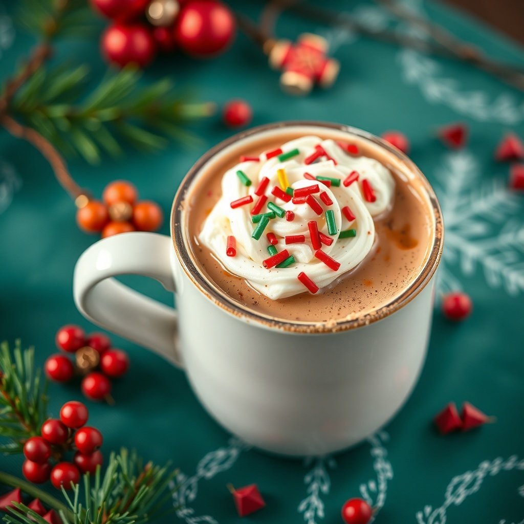30 Delightful Dishes for the Perfect Christmas Brunch A festive cup of Christmas Spice Hot Chocolate topped with whipped cream and colorful sprinkles, surrounded by holiday decorations.