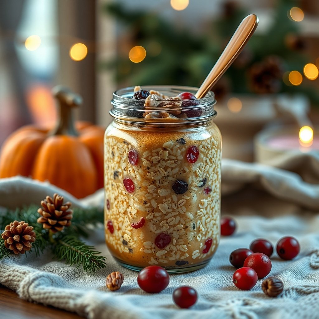 30 Delightful Dishes for the Perfect Christmas Brunch A jar of pumpkin spice overnight oats with cranberries and nuts, surrounded by a pumpkin and pinecones, perfect for Christmas brunch.