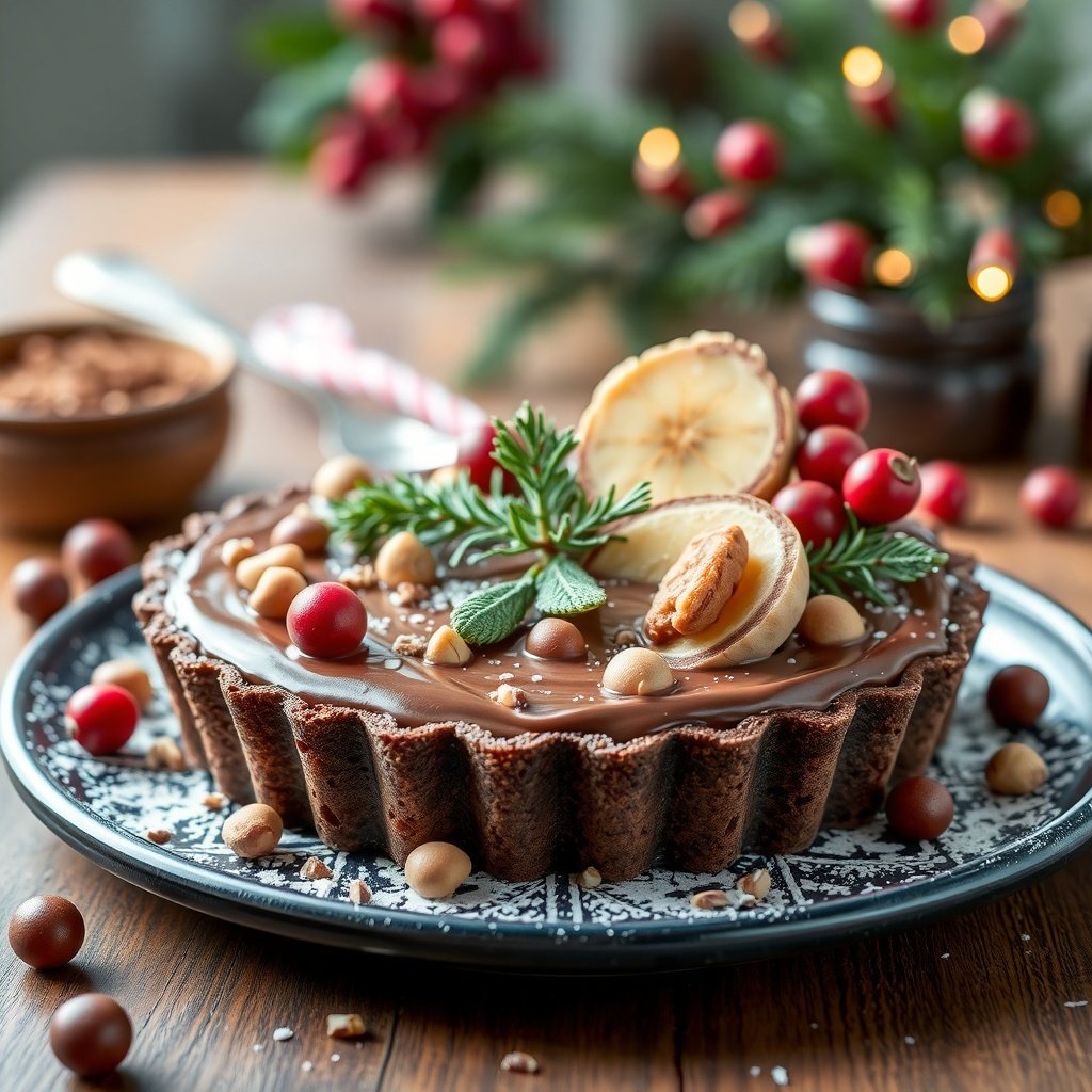 30 Delightful Dishes for the Perfect Christmas Brunch A beautifully decorated Chocolate Hazelnut Spread Tart with festive garnishes.