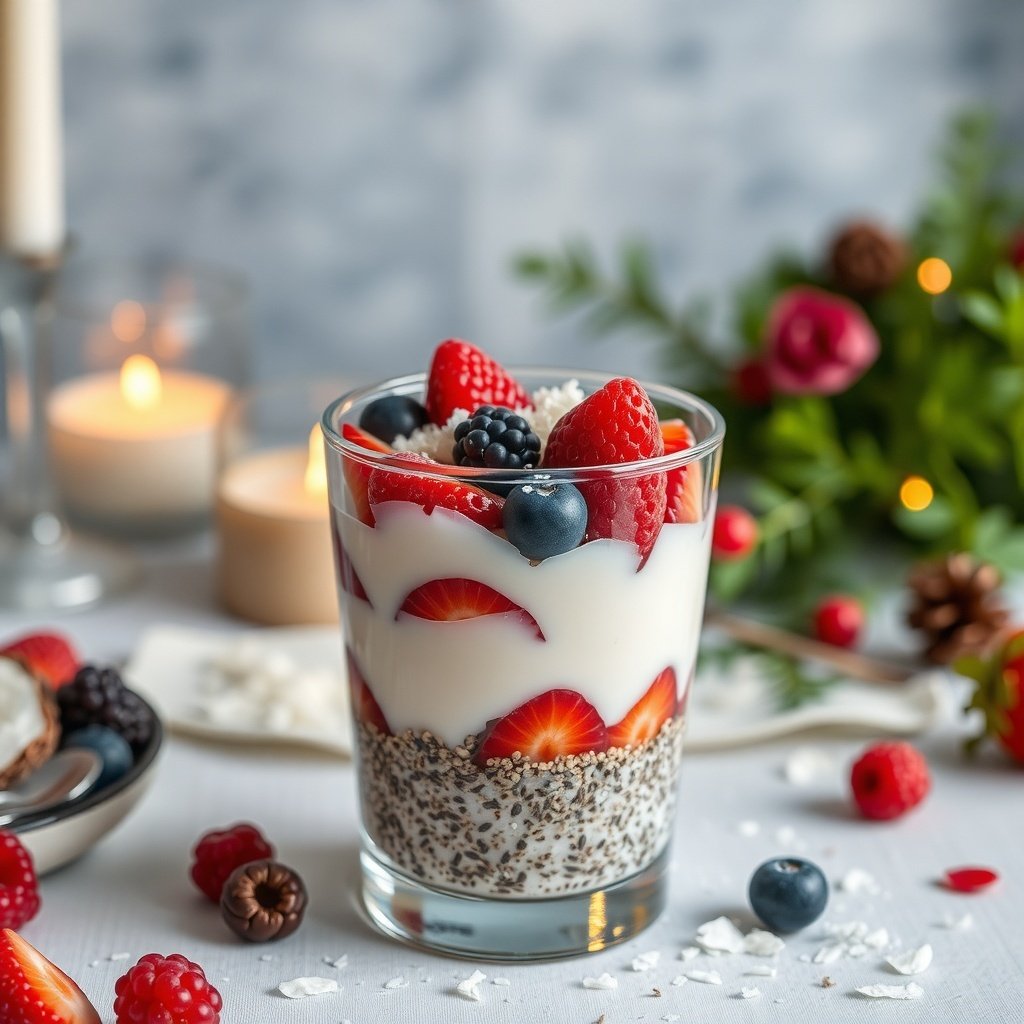 30 Delightful Dishes for the Perfect Christmas Brunch A glass of coconut chia seed pudding layered with yogurt and fresh berries, surrounded by candles and holiday decorations.