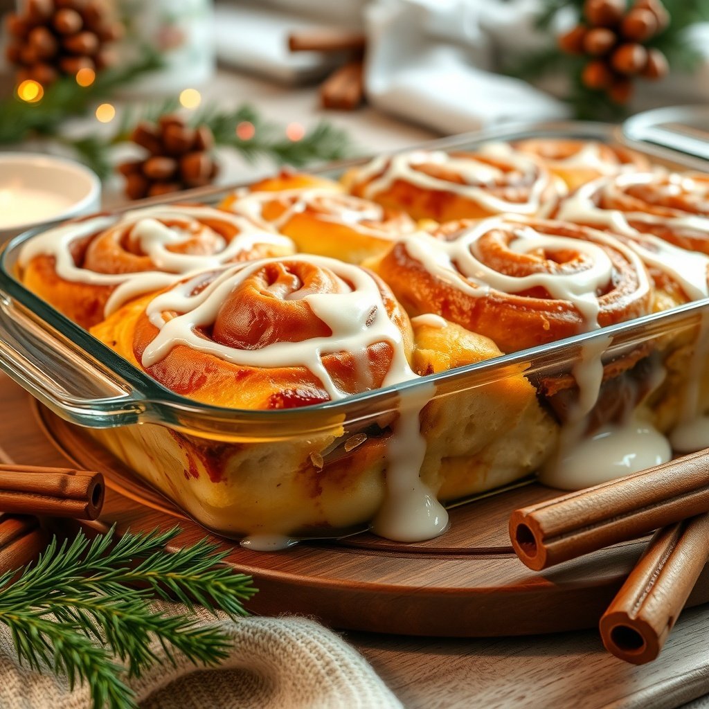 30 Delightful Dishes for the Perfect Christmas Brunch A delicious baked cinnamon roll casserole topped with icing, served in a glass dish with cinnamon sticks and festive decorations.