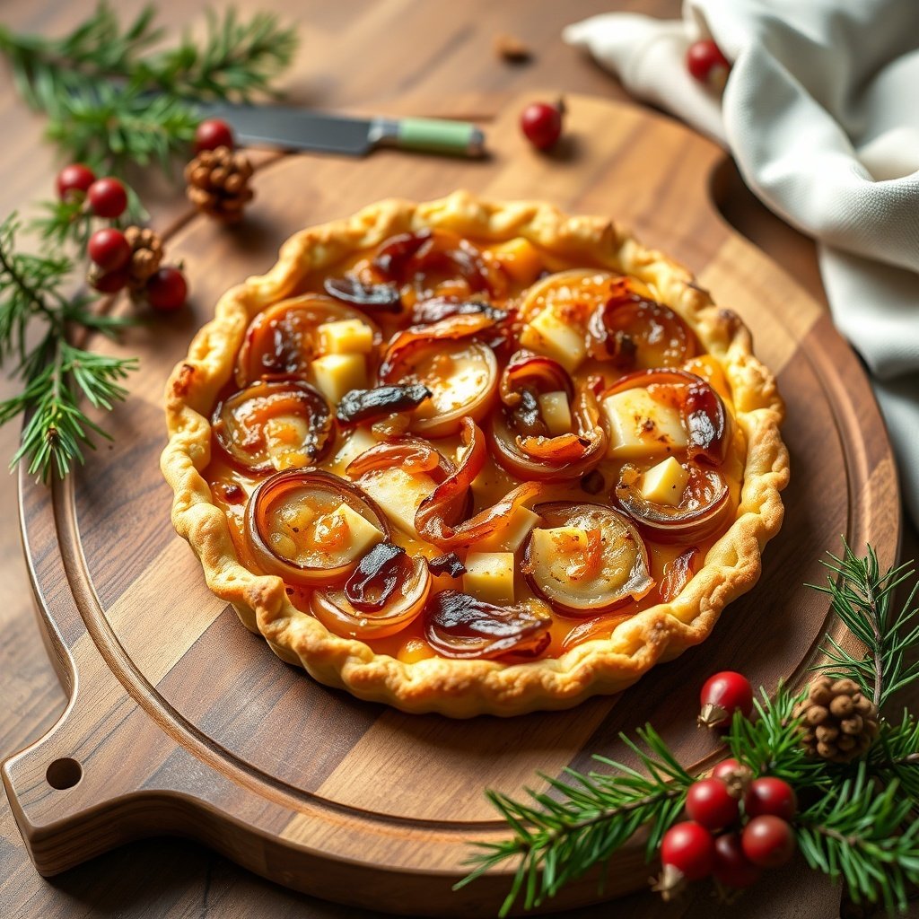 30 Delightful Dishes for the Perfect Christmas Brunch A caramelized onion and Gruyere tart on a wooden board, garnished with festive decorations.