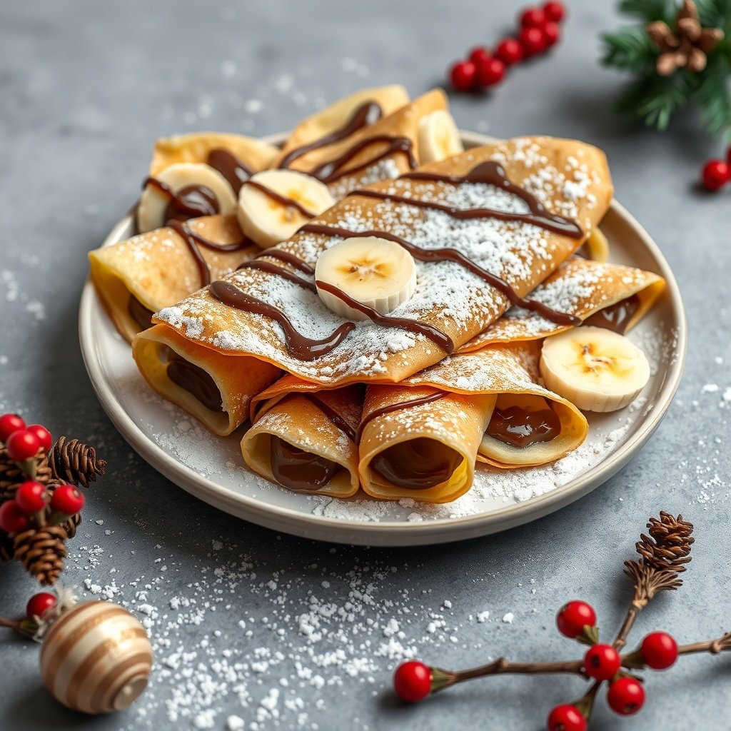 30 Delightful Dishes for the Perfect Christmas Brunch A plate of Nutella and banana stuffed crepes, garnished with banana slices and powdered sugar, perfect for Christmas brunch.