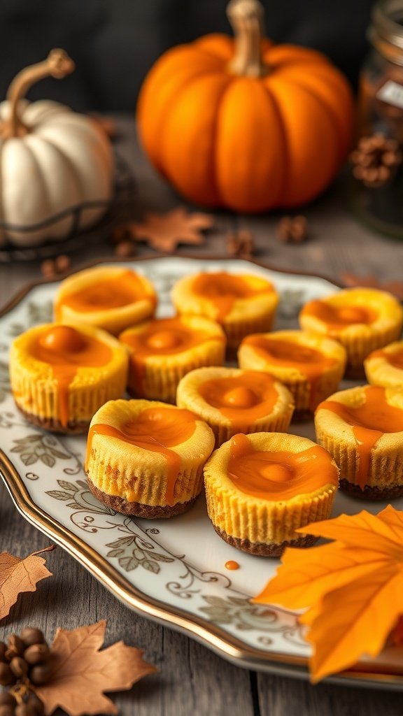 30 Delicious Fall Snack Ideas to Savor This Season A plate of Caramel Pumpkin Cheesecake Bites with a pumpkin and autumn leaves in the background.