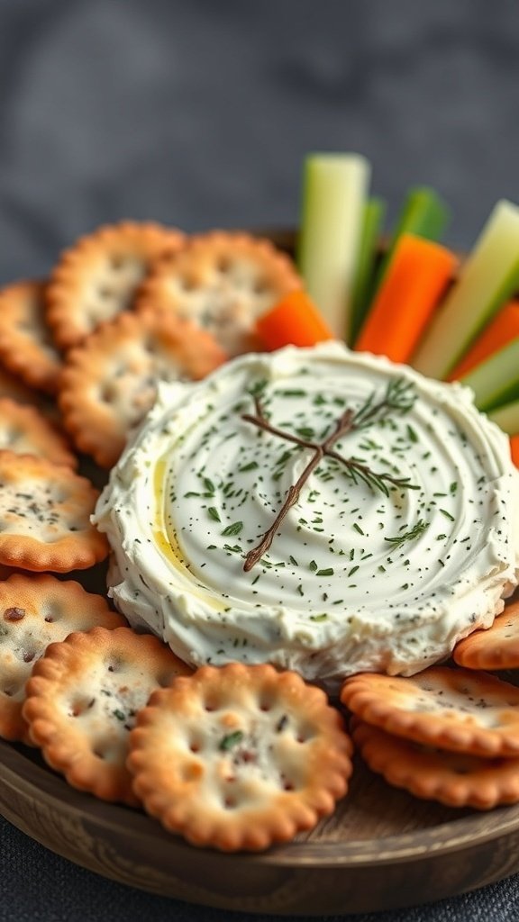 30 Delicious Fall Snack Ideas to Savor This Season A wooden platter with a creamy roasted garlic and herb cheese spread, surrounded by crispy crackers and fresh carrot and celery sticks.