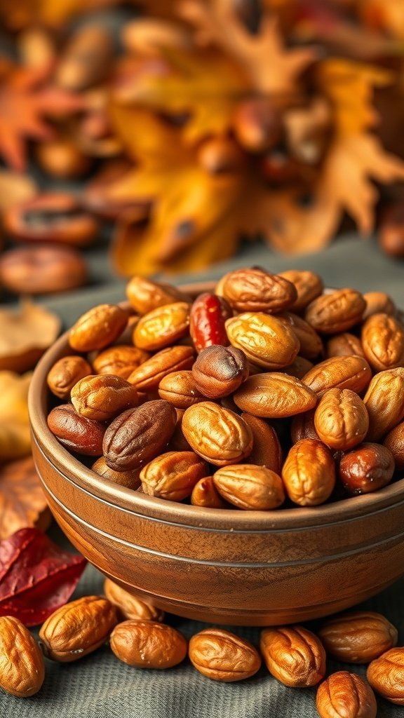 30 Delicious Fall Snack Ideas to Savor This Season A bowl of sweet and spicy roasted nuts surrounded by autumn leaves.