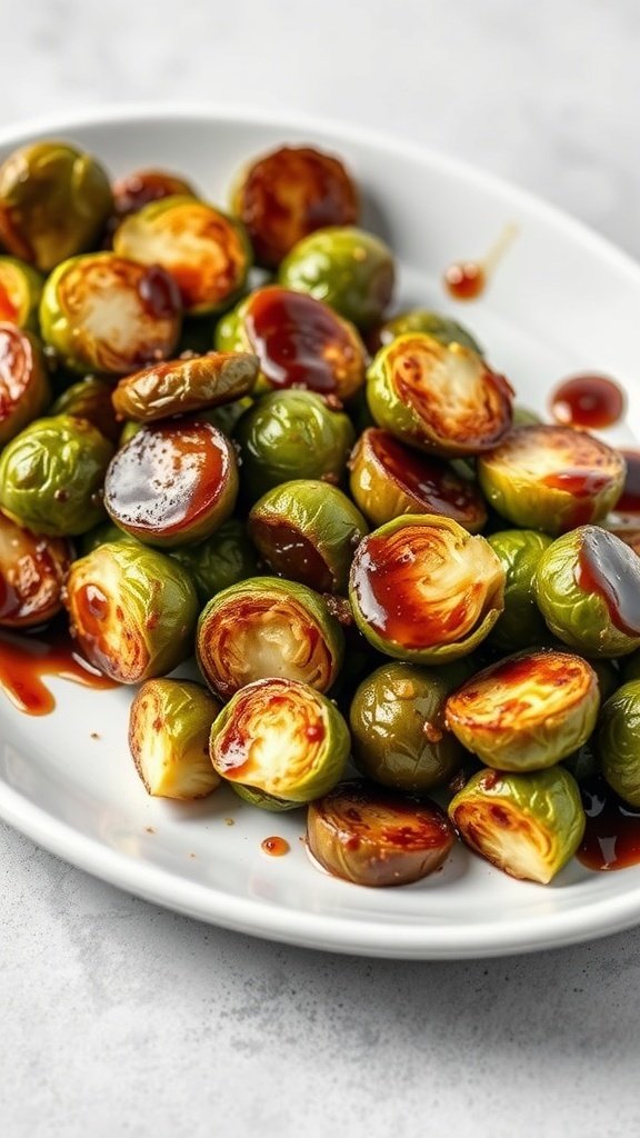30 Delicious Fall Snack Ideas to Savor This Season A plate of roasted Brussels sprouts drizzled with balsamic glaze.