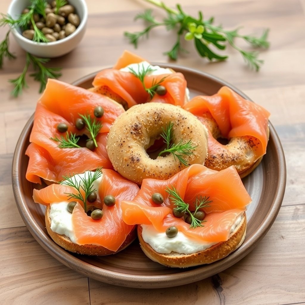 30 Delightful Dishes for the Perfect Christmas Brunch A plate of smoked salmon and cream cheese bagels, garnished with capers and fresh herbs.
