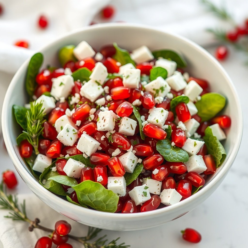 30 Delightful Dishes for the Perfect Christmas Brunch A vibrant bowl of Pomegranate and Feta Salad with fresh spinach, pomegranate seeds, and feta cheese.
