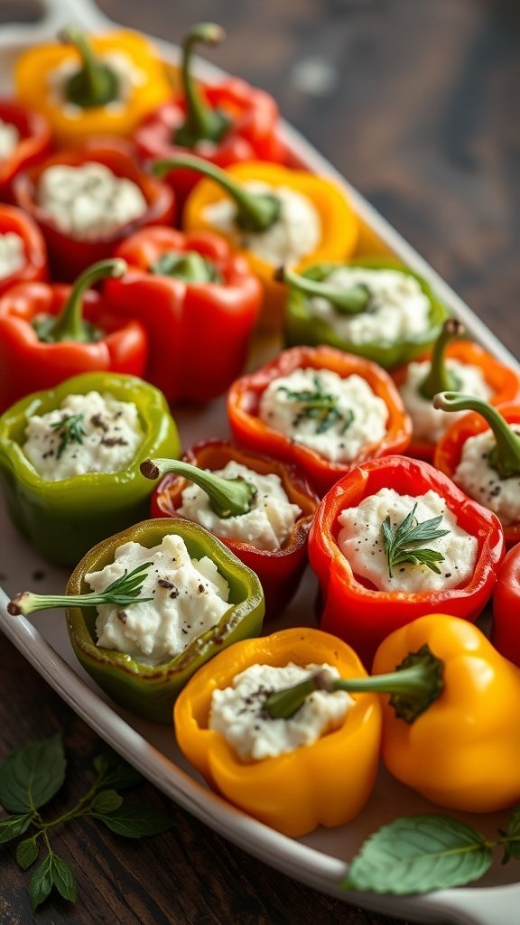 30 Delicious Fall Snack Ideas to Savor This Season A platter of stuffed mini peppers filled with goat cheese, showcasing vibrant colors.