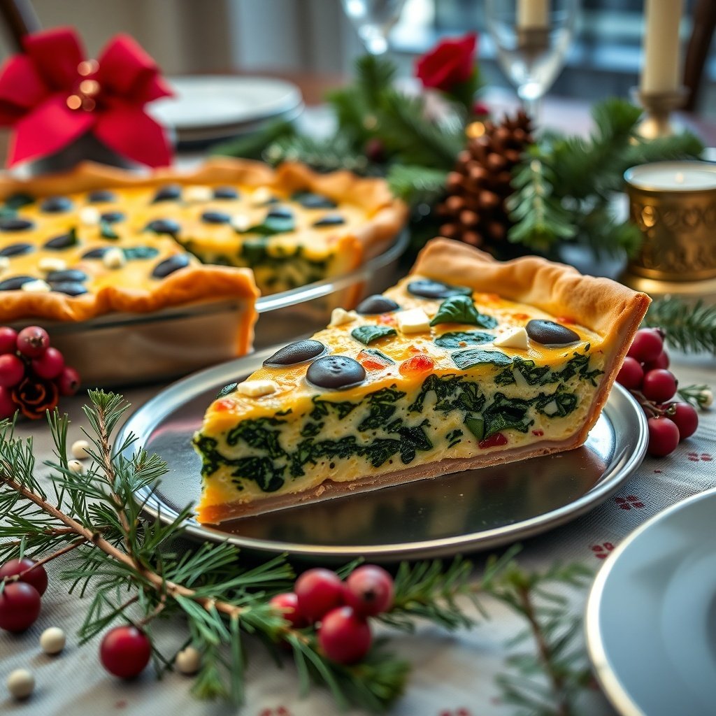 30 Delightful Dishes for the Perfect Christmas Brunch A slice of savory spinach and feta quiche on a festive table with holiday decorations.
