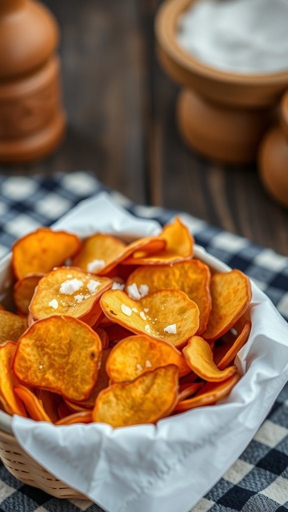 30 Delicious Fall Snack Ideas to Savor This Season A basket of crispy sweet potato chips sprinkled with sea salt.
