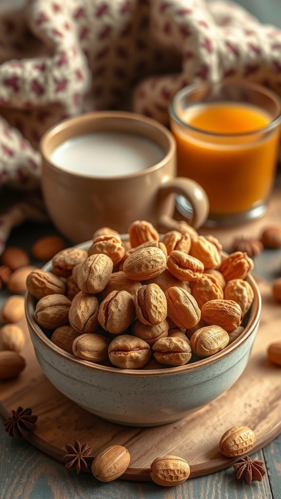 30 Delicious Fall Snack Ideas to Savor This Season A bowl of chai-spiced nuts with cups of chai and milk in the background, evoking a cozy fall atmosphere.