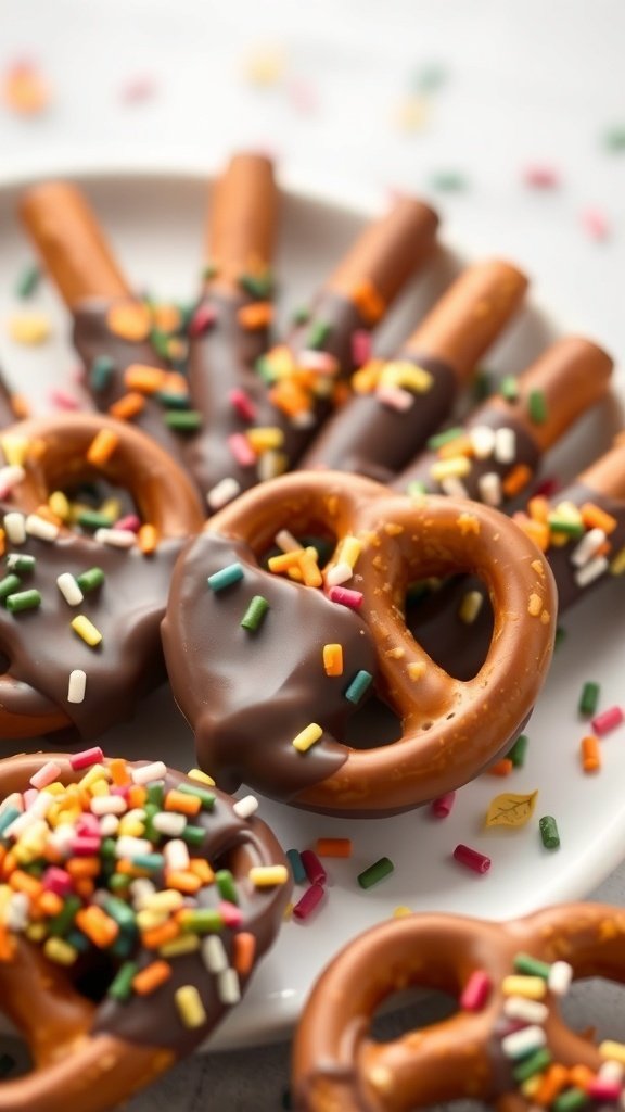 30 Delicious Fall Snack Ideas to Savor This Season Chocolate-dipped pretzels decorated with colorful fall sprinkles on a plate.