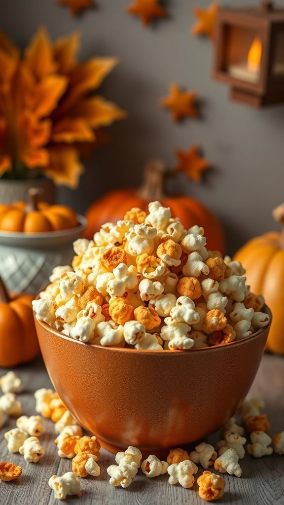 30 Delicious Fall Snack Ideas to Savor This Season A bowl of pumpkin spice popcorn surrounded by autumn decorations.