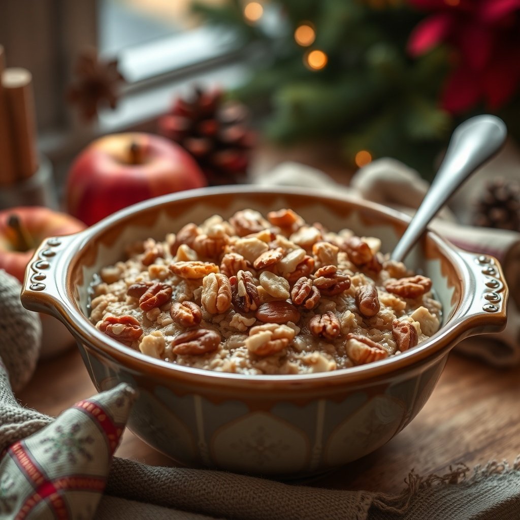 30 Delightful Dishes for the Perfect Christmas Brunch A bowl of baked apple cinnamon oatmeal topped with nuts, surrounded by apples and festive decorations.
