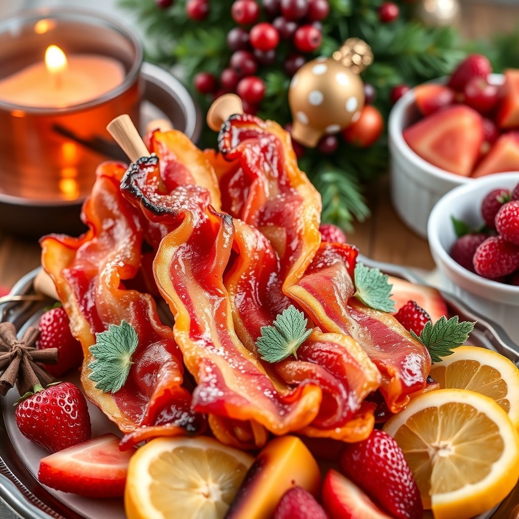 30 Delightful Dishes for the Perfect Christmas Brunch Maple Bacon Breakfast Skewers with fresh strawberries and lemon slices