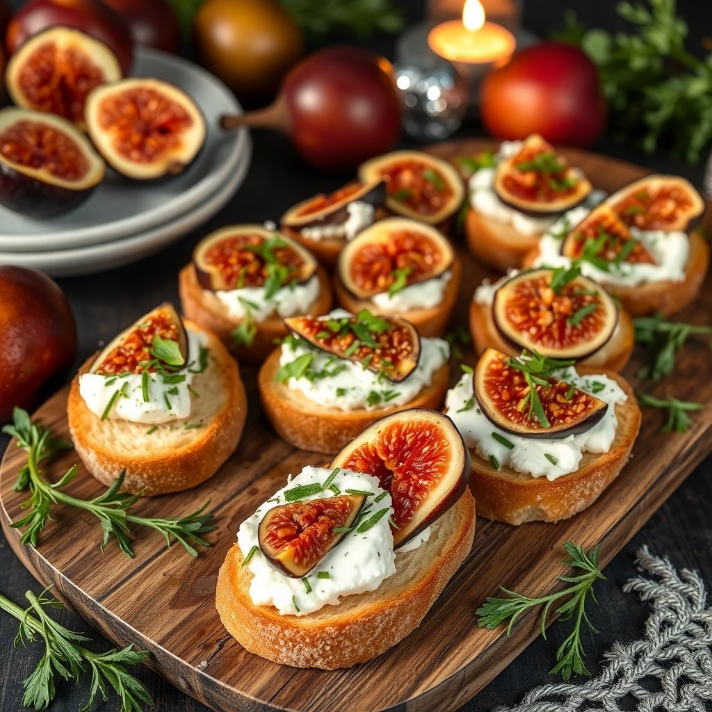 30 Delightful Dishes for the Perfect Christmas Brunch A wooden platter with herbed goat cheese and fig crostini, garnished with fresh herbs.