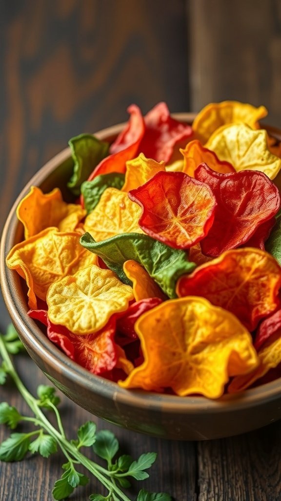 30 Delicious Fall Snack Ideas to Savor This Season A bowl of colorful harvest vegetable chips in autumn colors.