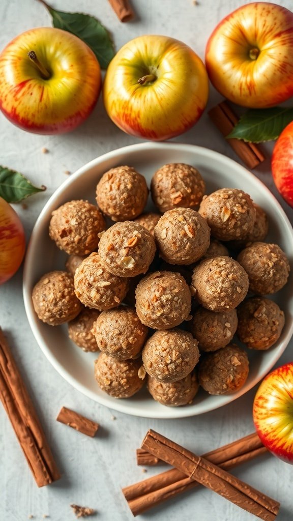 30 Delicious Fall Snack Ideas to Savor This Season A bowl of apple cinnamon energy bites surrounded by fresh apples and cinnamon sticks.
