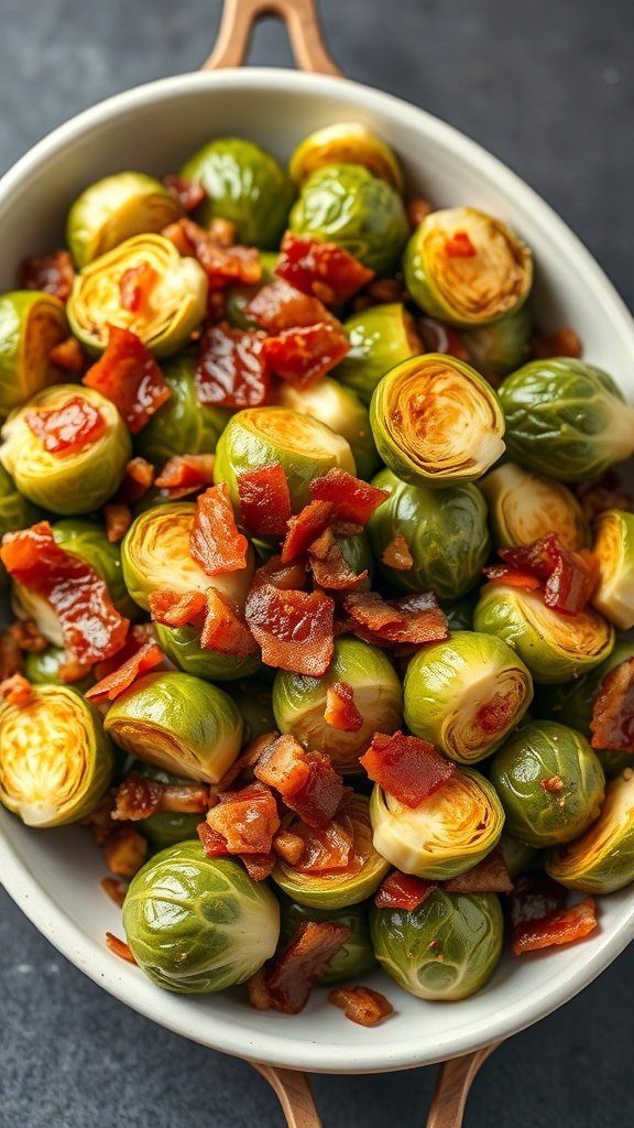 30 Delicious Fall Snack Ideas to Savor This Season A dish of Maple Bacon Brussels Sprouts topped with crispy bacon pieces.