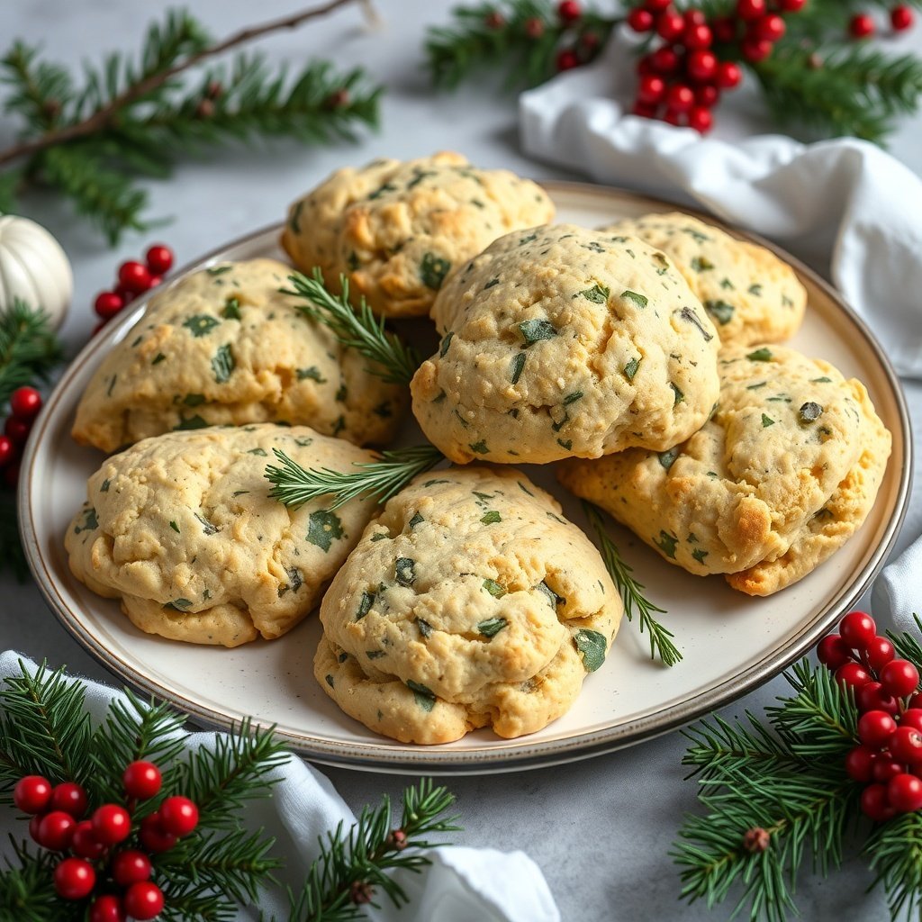 30 Delightful Dishes for the Perfect Christmas Brunch A plate of savory herb and cheese scones surrounded by festive decorations for Christmas brunch.