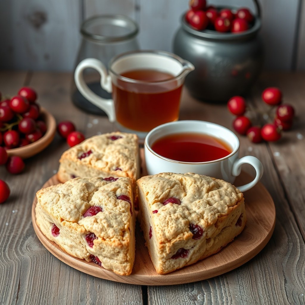 30 Delightful Dishes for the Perfect Christmas Brunch Cranberry orange scones on a wooden plate with tea and fresh cranberries
