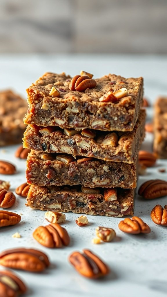 30 Delicious Fall Snack Ideas to Savor This Season A stack of pecan pie energy bars with pecans scattered around.