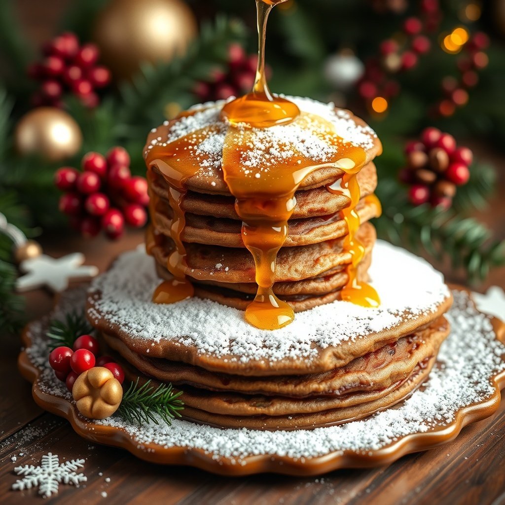 30 Delightful Dishes for the Perfect Christmas Brunch A stack of gingerbread pancakes topped with maple syrup and powdered sugar, surrounded by festive decorations.