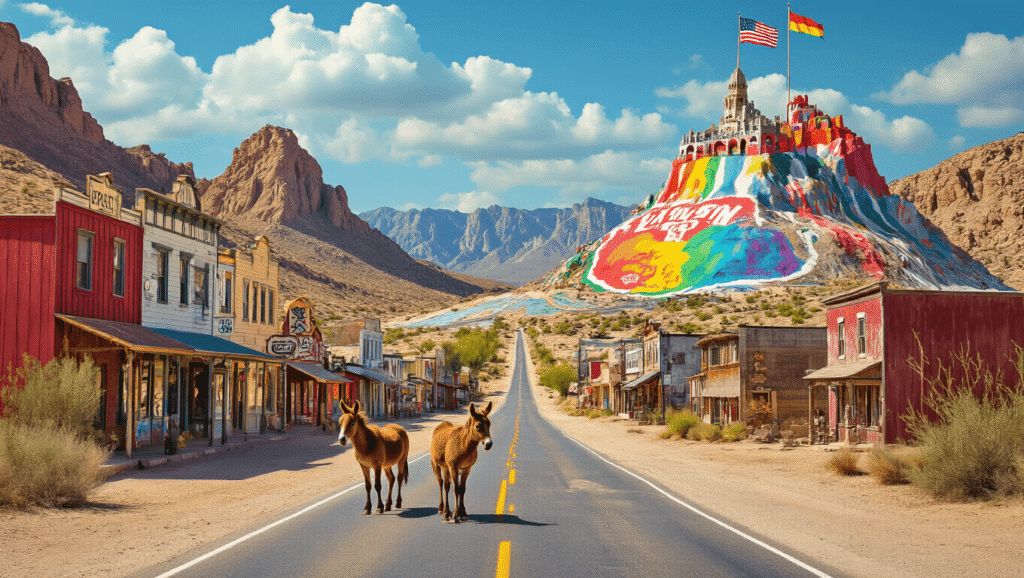 "Collage of iconic American town elements featuring wild burros in Oatman, Arizona, Bavarian-style buildings in Leavenworth, Washington, colorful Salvation Mountain in California, art installations in Texas desert landscape, and vibrant murals on vintage mining buildings, in a surreal travel poster style."