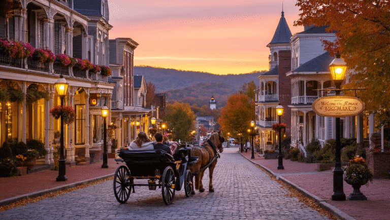 Discover America's Most Swoon-Worthy Small Towns: Your Ultimate Romantic Escape Guide "Cobblestone street in a quaint American town with boutique hotels, a horse-drawn carriage with a cozy couple, street lamps, vintage town sign and fairy lights against a sunset sky background with a lighthouse and rolling hills."