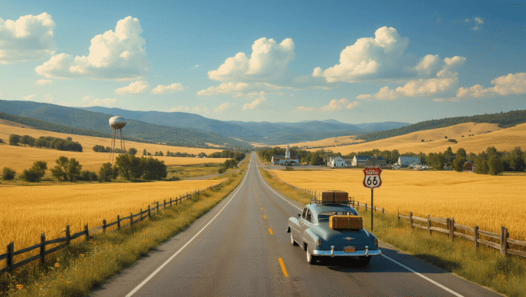 Discover Hidden America: The Ultimate Small Town Road Trip Guide "Vintage car driving on a winding highway through wheat fields towards a small American town under a blue sky with white clouds"