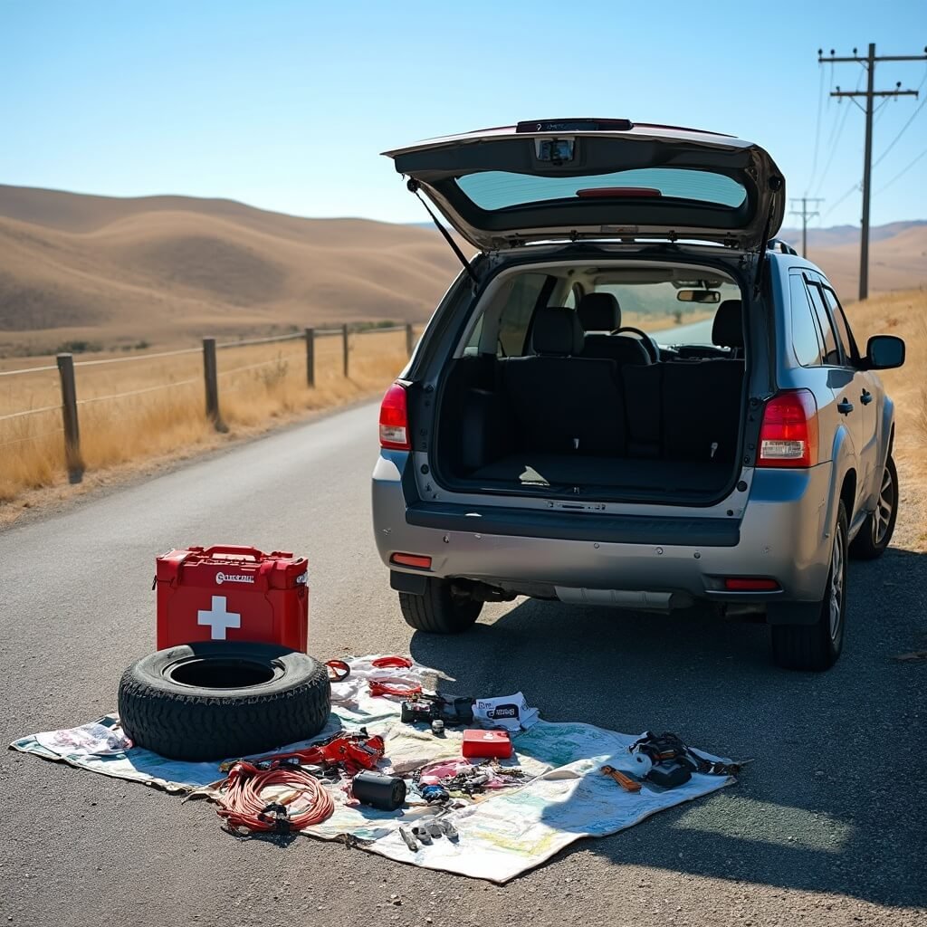 Discover Hidden America: The Ultimate Small Town Road Trip Guide SUV parked on rural road with open hood showcasing clean engine, adjacent to organized roadside emergency kit including spare tire, jumper cables, toolbox, first aid kit, battery pack, and road atlas, with rolling hills and scattered telephone lines in the background under a clear blue sky.