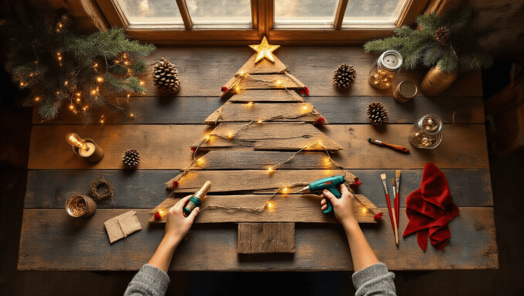 DIY Christmas Tree Magic: Crafting Your Perfect Holiday Decor Cinematic overhead view of a rustic DIY Christmas tree crafting workspace with reclaimed wood, fairy lights, pinecone ornaments, and craft supplies illuminated by warm golden hour sunlight.