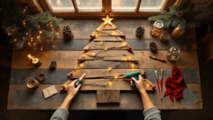 DIY Christmas Tree Magic: Crafting Your Perfect Holiday Decor Cinematic overhead view of a rustic DIY Christmas tree crafting workspace with reclaimed wood, fairy lights, pinecone ornaments, and craft supplies illuminated by warm golden hour sunlight.