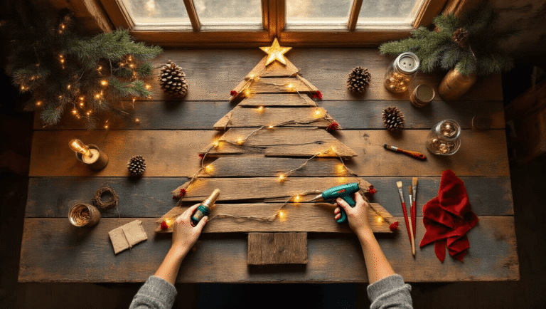 DIY Christmas Tree Magic: Crafting Your Perfect Holiday Decor Cinematic overhead view of a rustic DIY Christmas tree crafting workspace with reclaimed wood, fairy lights, pinecone ornaments, and craft supplies illuminated by warm golden hour sunlight.