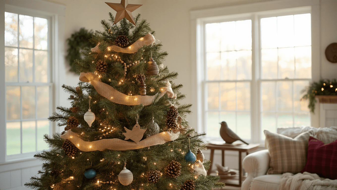 Cinematic wide shot of a rustic Christmas tree adorned with woodland ornaments in a cozy farmhouse living room, featuring warm fairy lights, a birch star topper, and a crackling stone fireplace, all bathed in soft golden hour light.