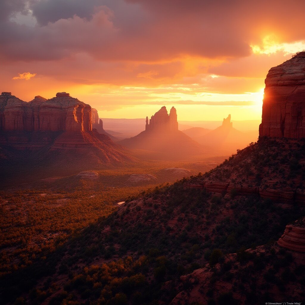 Dramatic aerial view of Cathedral Rock formations in Sedona, Arizona during golden hour with vibrant sunset sky and long shadows on rugged desert terrain