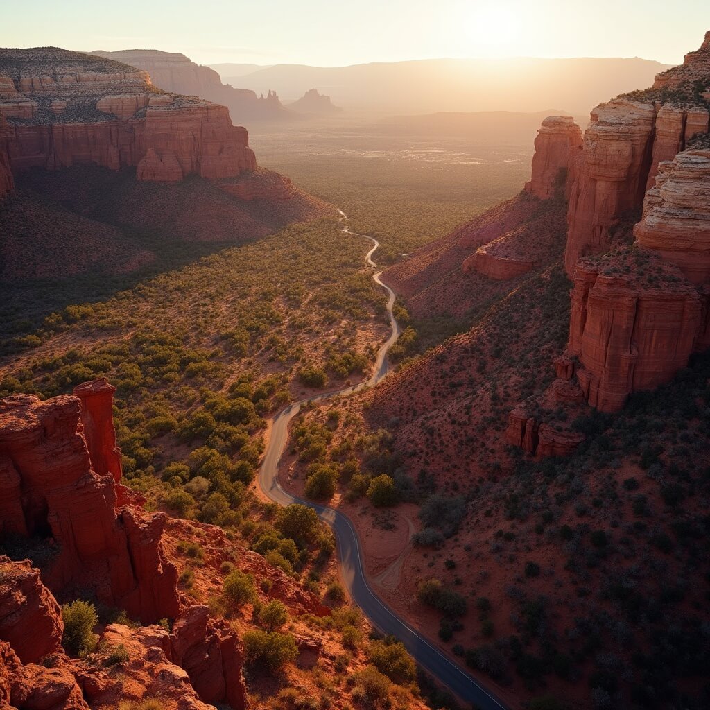 Discover America's Most Swoon-Worthy Small Towns: Your Ultimate Romantic Escape Guide Aerial view of Sedona, Arizona showing red rock formations, winding desert road, sparse vegetation, in soft sunset lighting with dramatic shadows and distant mountains, in a cinematic photography style.