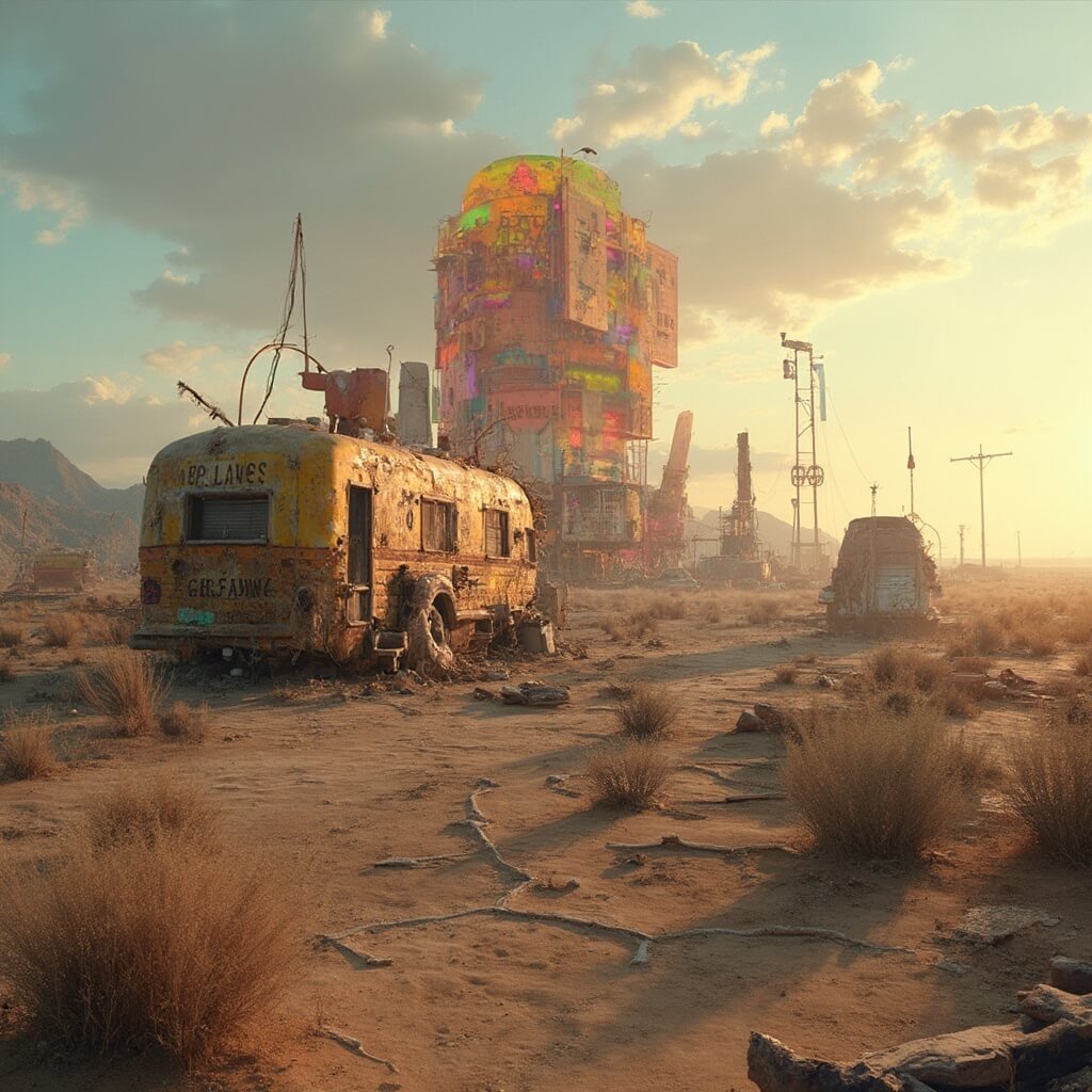 Hyper-realistic rendering of Slab City, California at golden hour, showcasing a surreal art installation, weathered RVs, and makeshift shelters in a barren desert, illuminated by dramatic light without visible people.