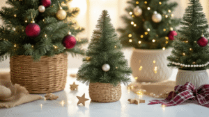 Small Christmas Trees: The Ultimate Guide to Festive Charm in Compact Spaces Cinematic close-up of elegant small Christmas trees in various sizes adorned with ornaments and fairy lights on a white marble surface, featuring warm golden hour lighting, soft shadows, and cozy festive details.