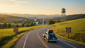 10 Small Town Road Trips: Your Ultimate Guide to Discovering America's Hidden Gems "Vintage car driving towards a small American town during golden hour, with a winding road, rolling hills, water tower, church steeple, and road signs in view, epitomizing adventure and discovery."