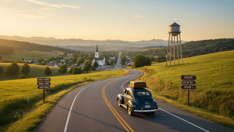 10 Small Town Road Trips: Your Ultimate Guide to Discovering America's Hidden Gems "Vintage car driving towards a small American town during golden hour, with a winding road, rolling hills, water tower, church steeple, and road signs in view, epitomizing adventure and discovery."
