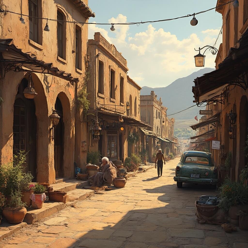 Discover Hidden America: The Ultimate Small Town Road Trip Guide Artisan working on main street of Utah small town with rustic sandstone buildings, vintage cars and warm sunset light